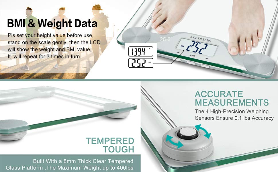NUTRI FIT BMI Scale Digital Body Bathroom Scale Body Mass Index Body Weight  Analyzer for Heavy Duty 400 lbs Large Backlight Display Black
