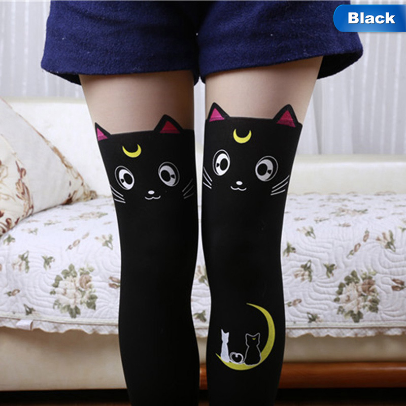 Yuee Anime Fake Thigh High Tights Sailor Moon Cosplay Anniversary Luna Cat  Pattern Pantyhose Stockings