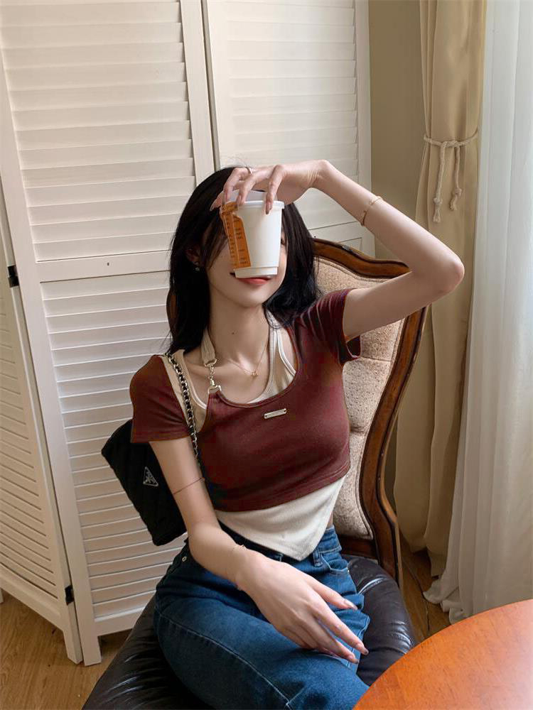 Korean fake two-piece irregular vintage top Women's chain sling short  sleeve T-shirt