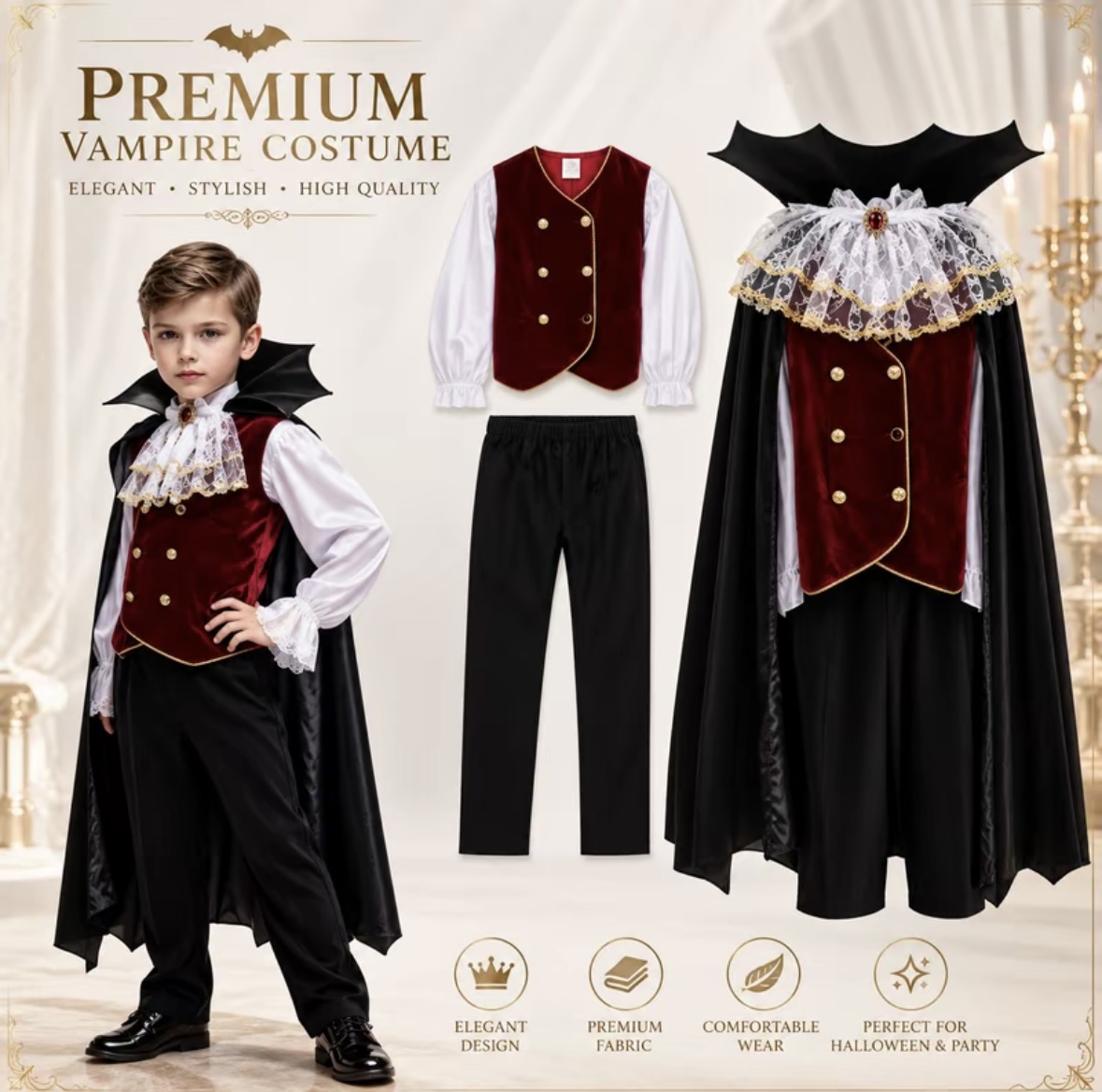 Product photo of Kids' vampire costume set with cape (2-12 yrs) from its Lazada listing