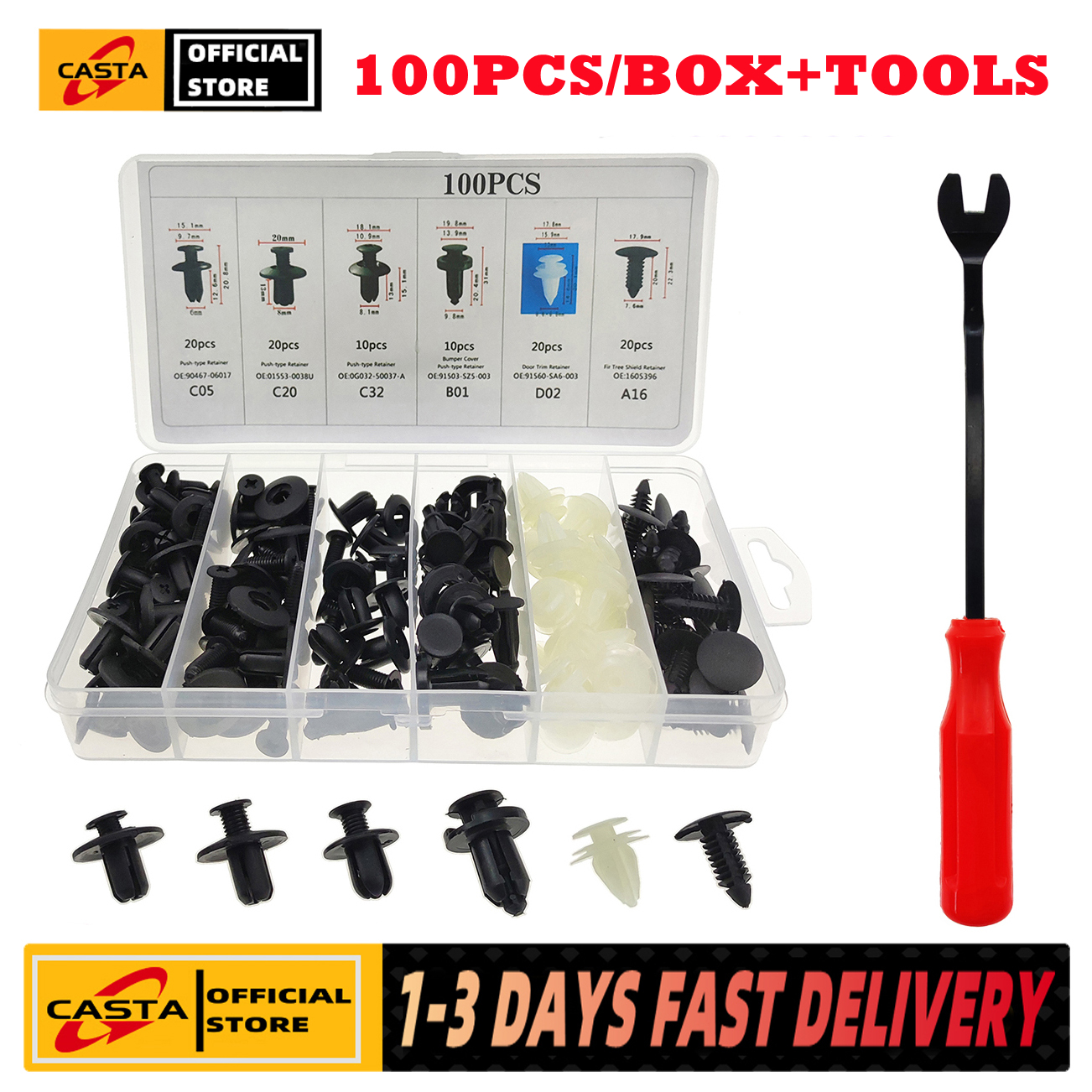 【COD + local seller】100pcs Mixed Auto Fastener Clip Car Body Push Retainer Pin Rivet Bumper Door Trim Panel Retainer Fastener Kit Car Accessories(with Removal Tool)