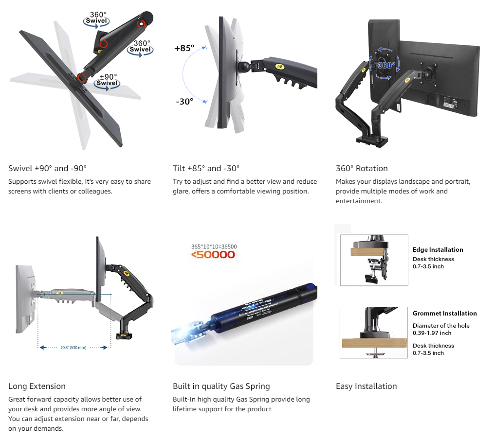 NB North Bayou Dual Monitor Desk Mount Stand Full Motion Swivel Computer  Monitor Arm for Two Screens 17-27 Inch with 4.4~19.8lbs Load Capacity for