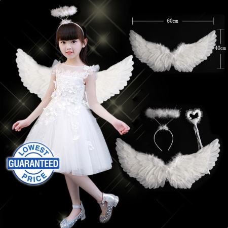 Angel Wings Costume for Kids White Feather Fairy Wings Set with Wand and Halo for Baby Girl Photo Props Dancing Cosplay Birthday Halloweeen Christmas Wedding Outfit