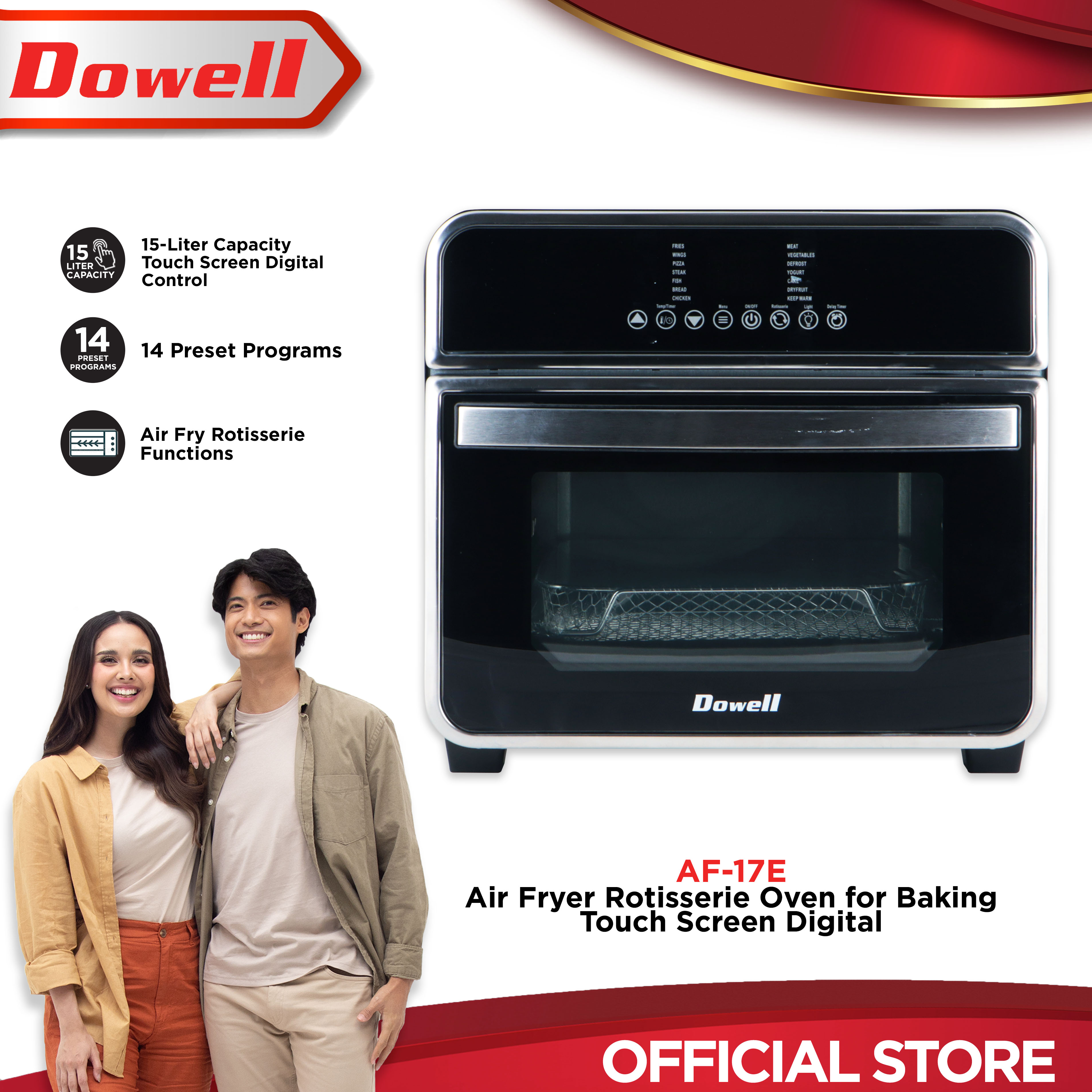 Dowell AF-17E Air Fryer Rotisserie Oven for Baking Touch Screen Digital Control Heat Resistant Tempered Glass Door