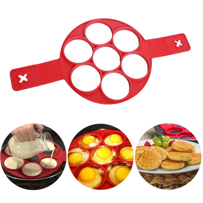 TTBDBFH Silicone Flip Cooker Pancakes Mold,Fried Egg Mold Shape,Silicone  Nonstick Pancakes Mould,7 Circles Reusable Non Stick Egg Mold Ring Pancake