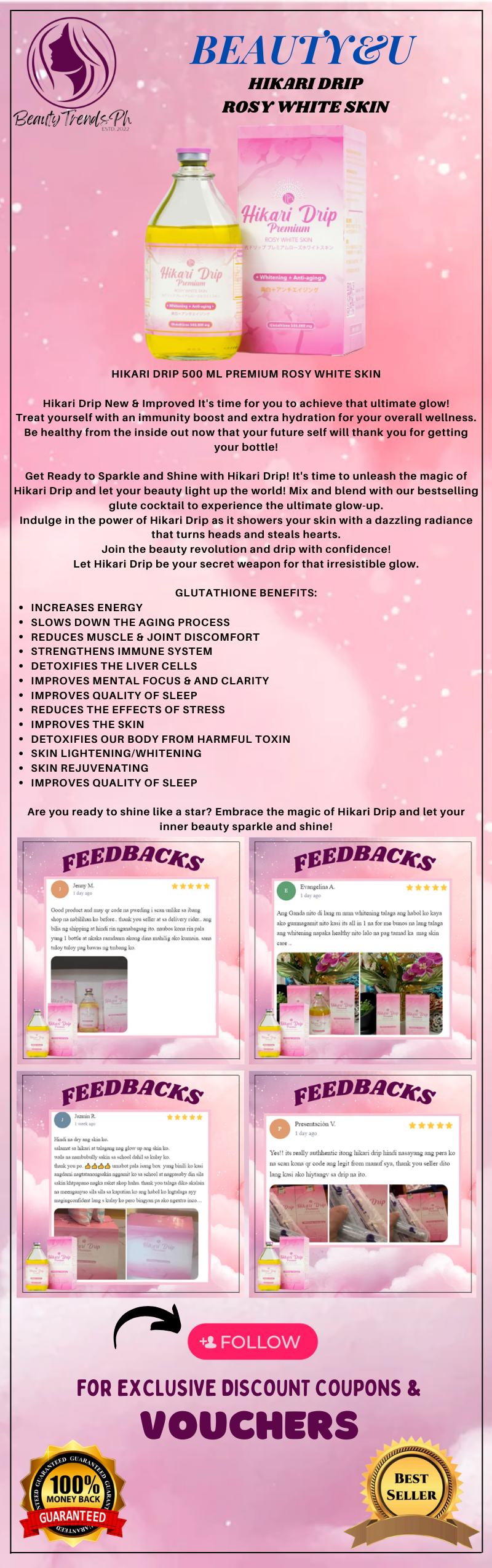 benefits of hikari glutathione Drip (SET 2) Premium Rosy White Skin By: Beauty&U (250ml) - Japan premium beauty and whitening and collagen drip b_att_prd_Sheet Mask