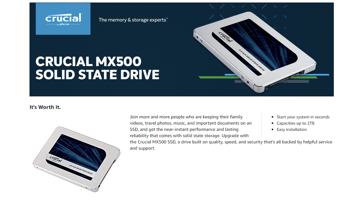 NEW Crucial MX500 500GB, Internal, 2.5 Solid State Drive (CT500MX500SSD1)  SSD
