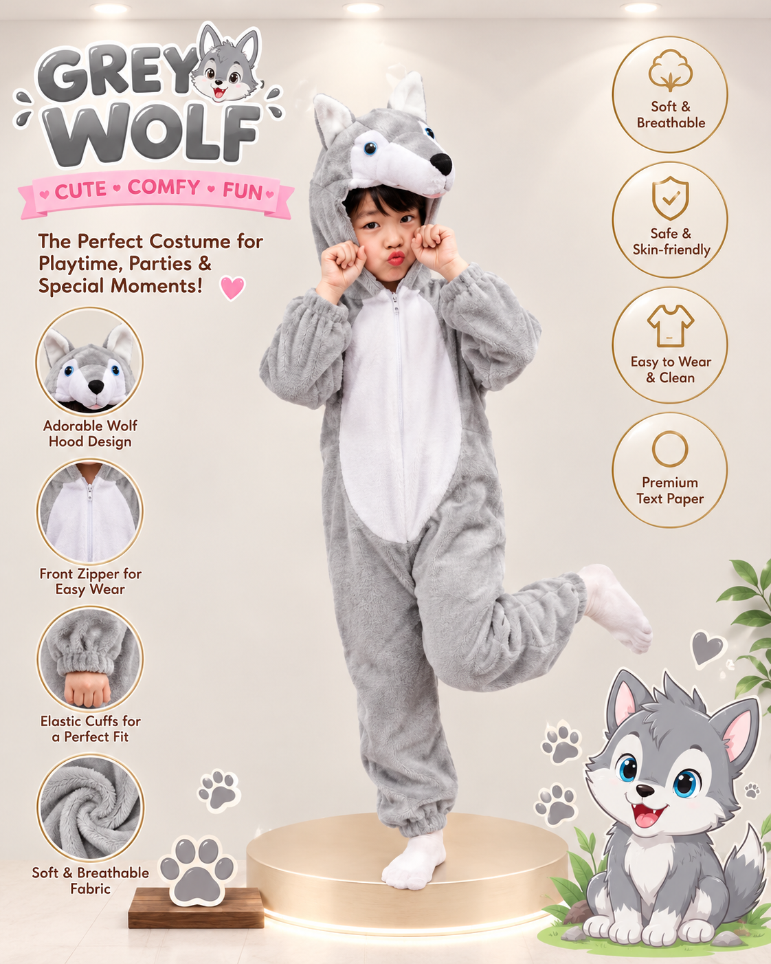 Product photo of Grey wolf hooded costume, 1-11 yrs from its Lazada listing