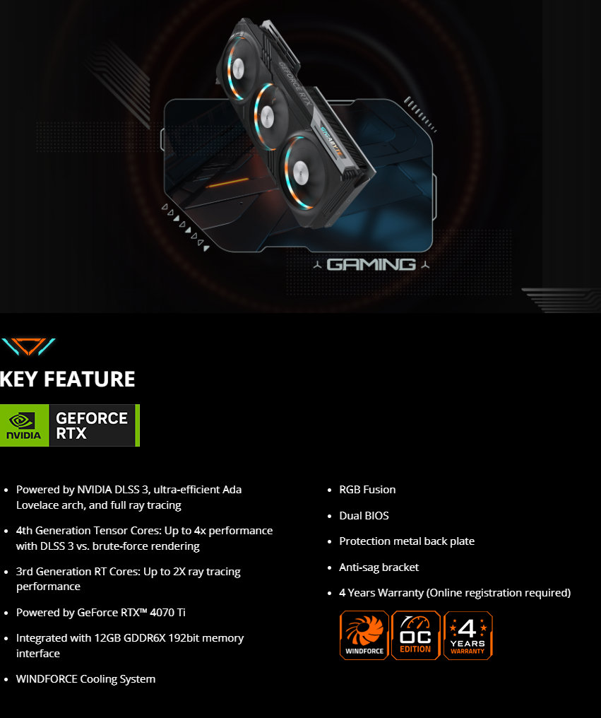GIGABYTE GeForce RTX 4070 Ti GAMING OC 12G Graphics Card, 3x WINDFORCE Fans, 12GB 192-bit GDDR6X, GV-N407TGAMING OC-12GD Video Card