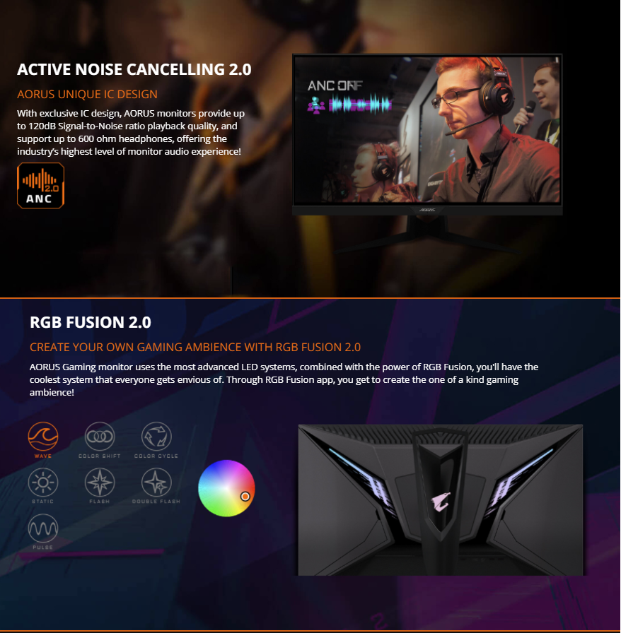 AORUS FI27Q-X 27" 240Hz 1440P HBR3, Adaptive-Sync, FreeSync Premium, G-Sync Compatible, SS IPS Gaming Monitor, Exclusive Built-in ANC, 2560 x 1440, 0.3ms Response Time, HDR, 93% DCI-P3, 1x DisplayPort 1.4, 2x HDMI 2.0, 2x USB 3.0 GP-FI27Q-X-AP