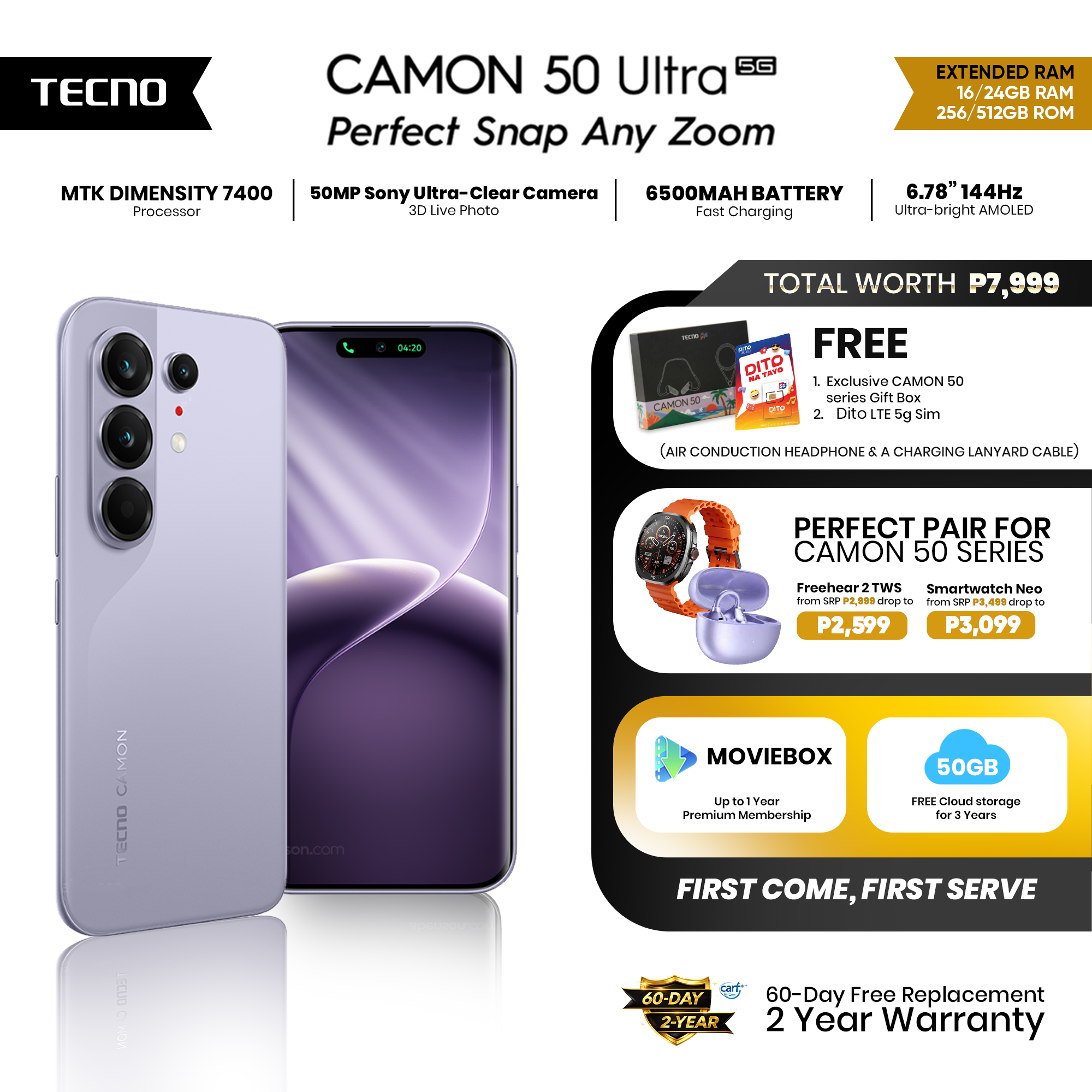 TECNO Camon 50 Ultra 5G (12+512GB / 12+256GB / 8+256GB) / 50MP Sony Camera / 6.78” 144Hz Curved AMOLED / Dimensity 7400 / 6500mAh 45W Fast Charge / AI Smartphone