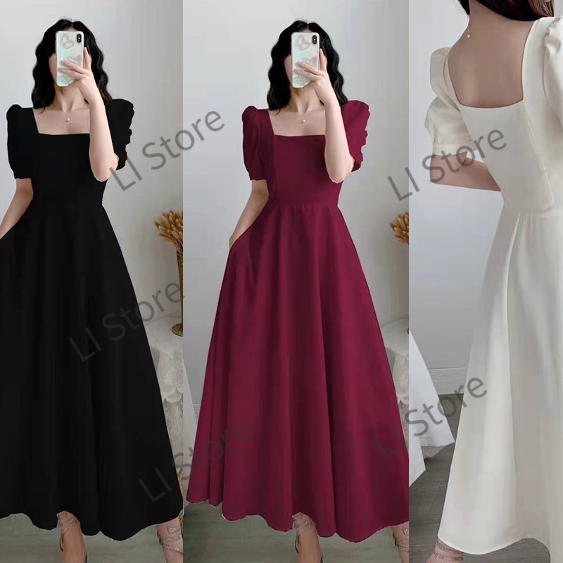 TASHA SLIT DRESS PLUS SIZE [INF], korean dress, bangkok dress, long dress,  off shoulder dress, puff sleeves dress, plus size dress, women ladies  casual elegant dress dresses chiffon long maxi square collar