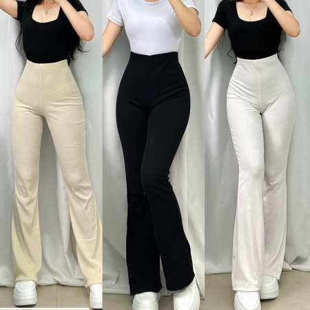 Premium High Waisted Rib Knit Flare Pants for Women