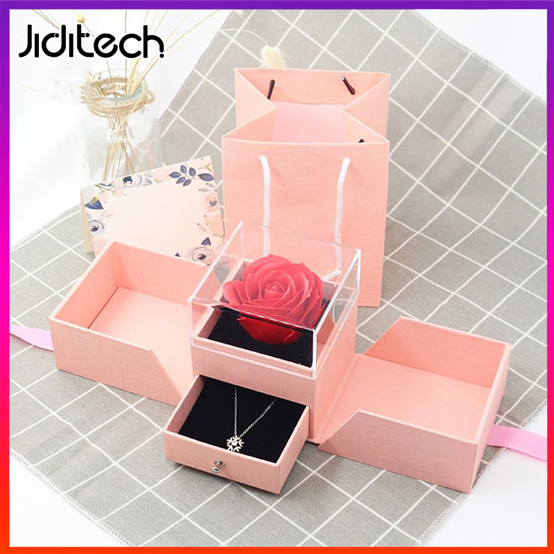 Jiditech Eternal Rose Flower Eternal Rose Acrylic Drawer Jewerly Gift Box For Valentine's Gift Wedding Rings Box Anniversar With Card With Exquisite Bag