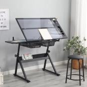 Height-adjustable drawing glass table with side table drawer and padded stool study table