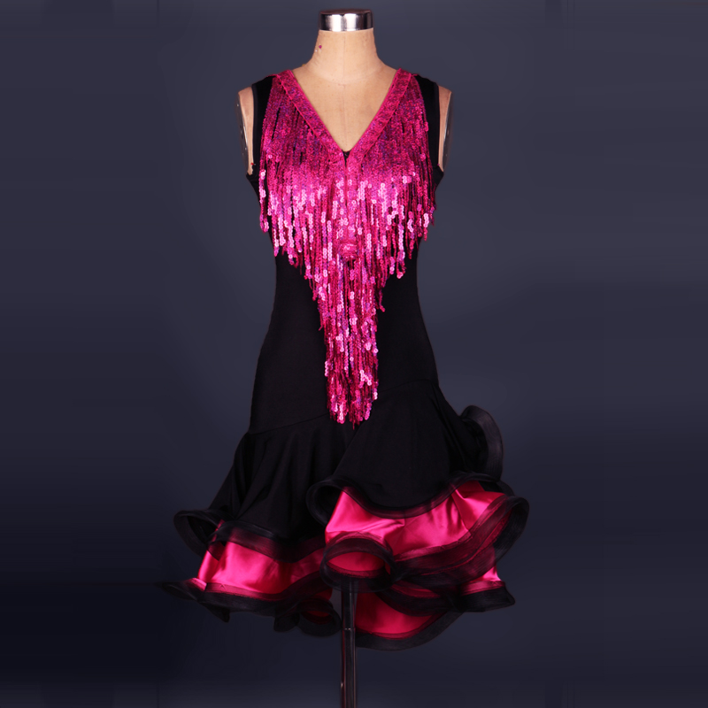 Black Latin dance Dress Latin outfit Short sleeve Tassel dress One