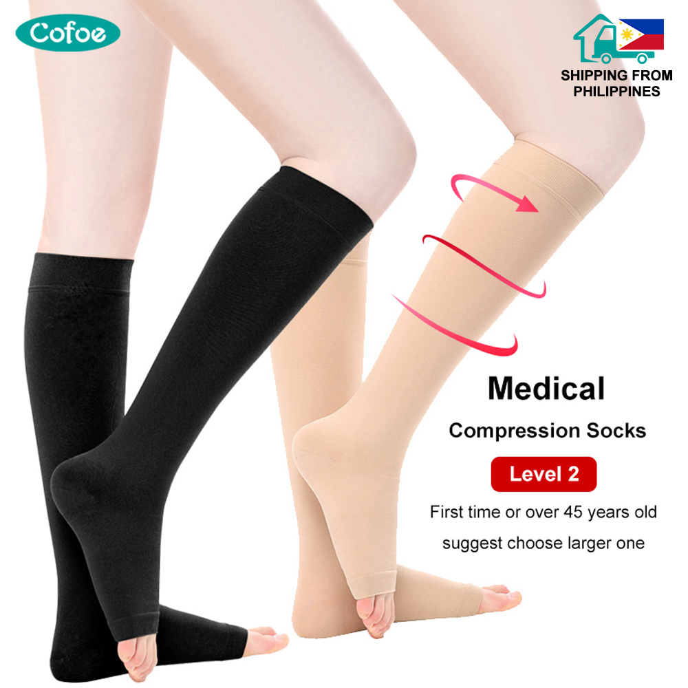 M/XL Fit Unisex Knee-High Compression Stockings Varicose Veins Open Toe  Stockings Compression stockings may help to reduce the appearance and  painful symptoms with varicose veins in some people. often recommend  compression stockings