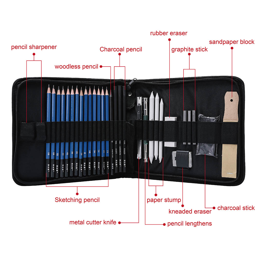 H & B Drawing Pencils Set, 33 Pieces Sketch Pencils & Drawing Kit, Includes  Sketch Pad, Graphite Pencils, Charcoal Sticks and Eraser, Supplies for