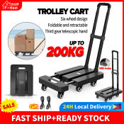 200kg Foldable Durable Luggage Cart Portable Brake Trolley Cart For Heavy Shopping Cart With Six Wheels Adjustable Push Cart Trolley