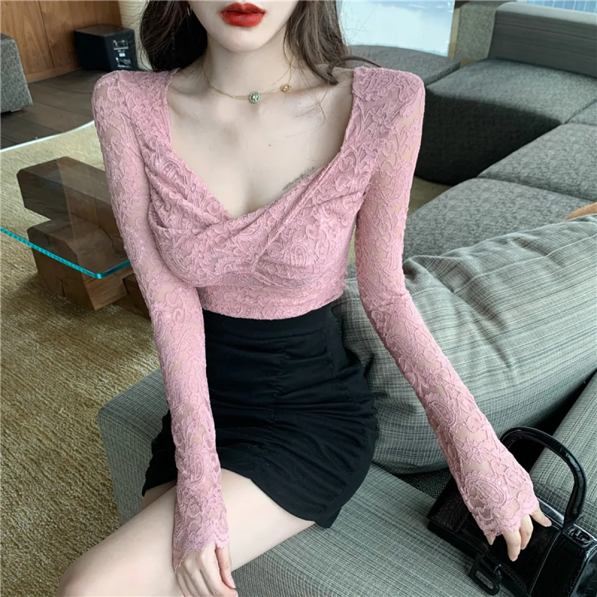 low v neck long sleeve top