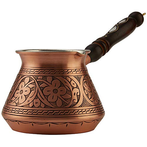 diollo Hammered Brass Turkish Greek Arabic Coffee Pot Coffee Maker Cezve Ibrik Briki with Wooden Handle 8 OZ 