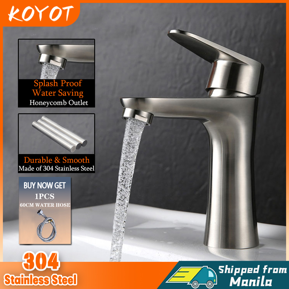 Koyot Silver Stainless Steel Bathroom Faucet with Water Hose