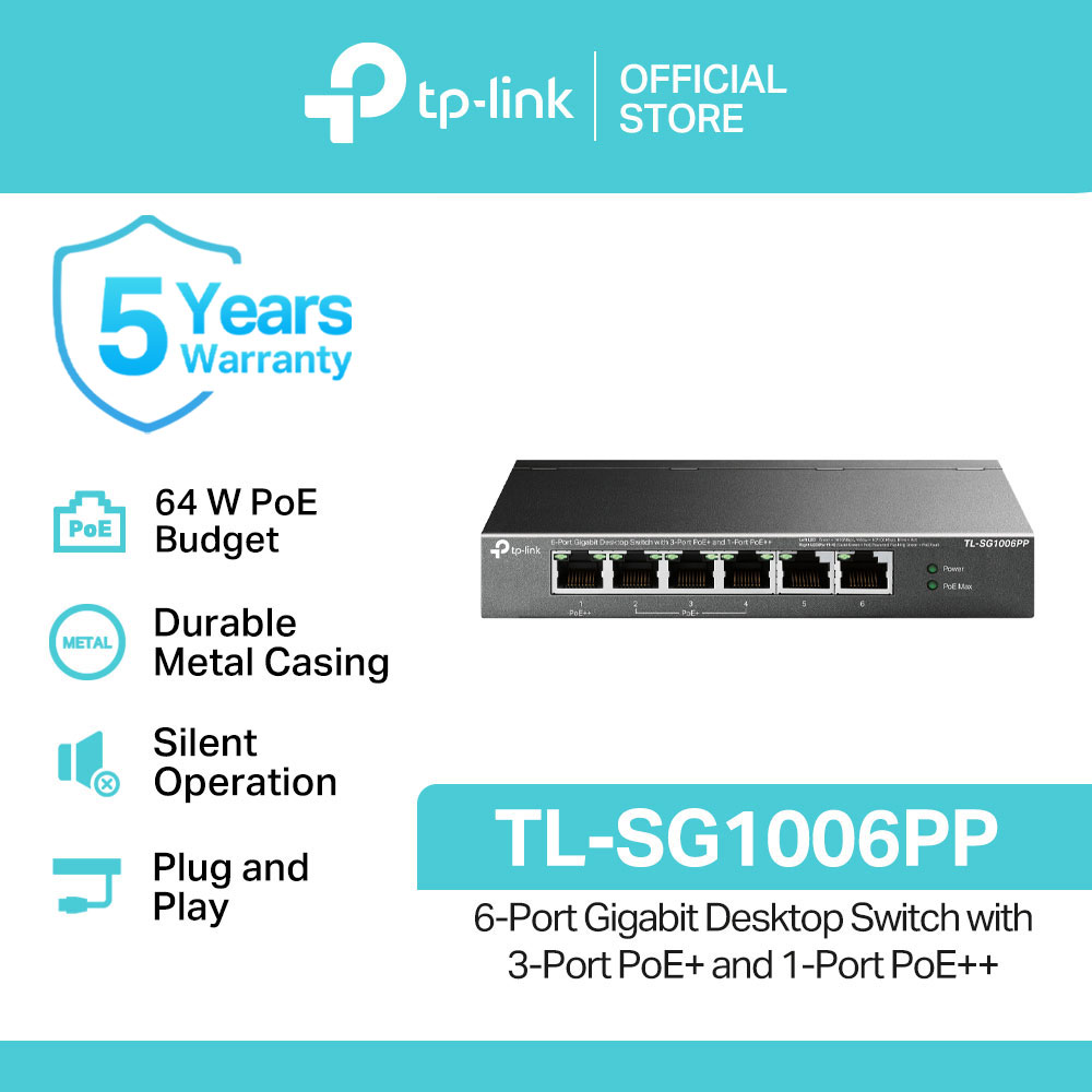 TP-Link Official Store / TL-SG1006PP / 6-Port Gigabit with 3-Port PoE+ and 1-Port PoE++ Unmanaged Desktop Network Ethernet Switch Hub for Internet