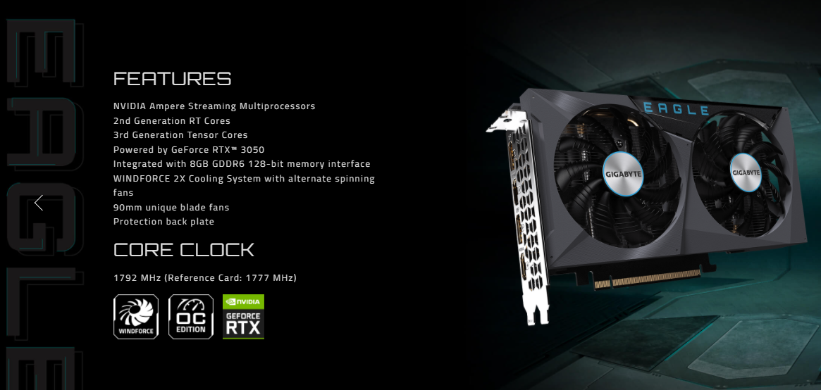 Gigabyte GeForce RTX™ 3050 EAGLE OC 8GB GDDR6 Graphic Card (GV ...