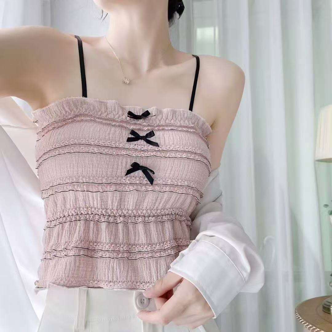 Summer bow lace suspender vest wears versatile comfortable and breathable slim underwear for women#8815 - Image 2