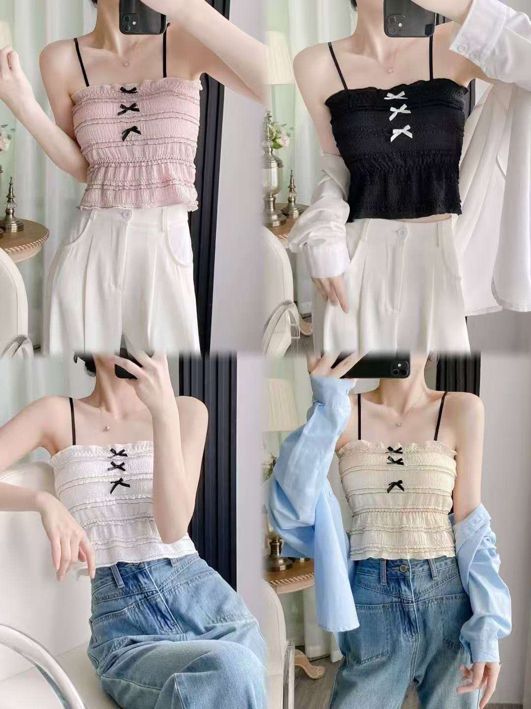 Summer bow lace suspender vest wears versatile comfortable and breathable slim underwear for women#8815