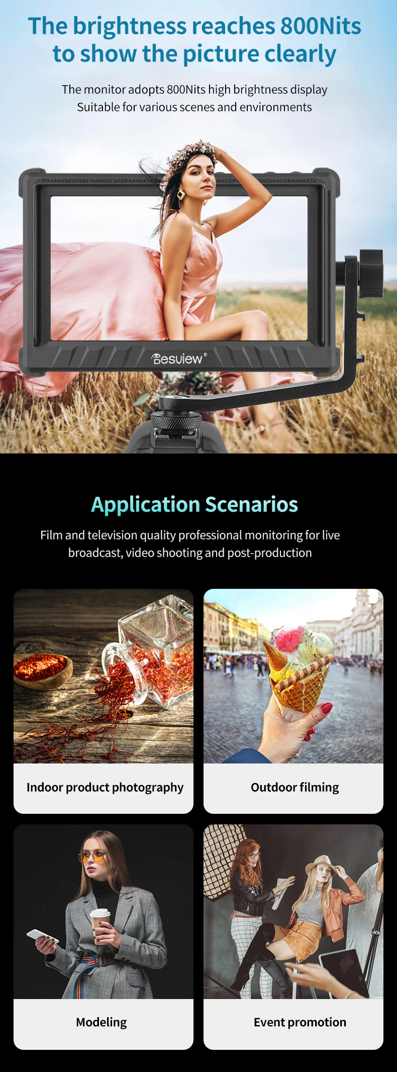 Besview R5II 5.5 Inch Compact 4K Field Monitor Touchscreen Input & Output  800Nits Hight Brightness HDR Monitoring 3D LUT with Sunshade for DSLR 