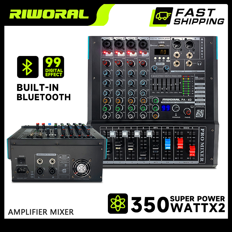 4 Channel Audio Mixer with Power Amplifier and Bluetooth Connectivity