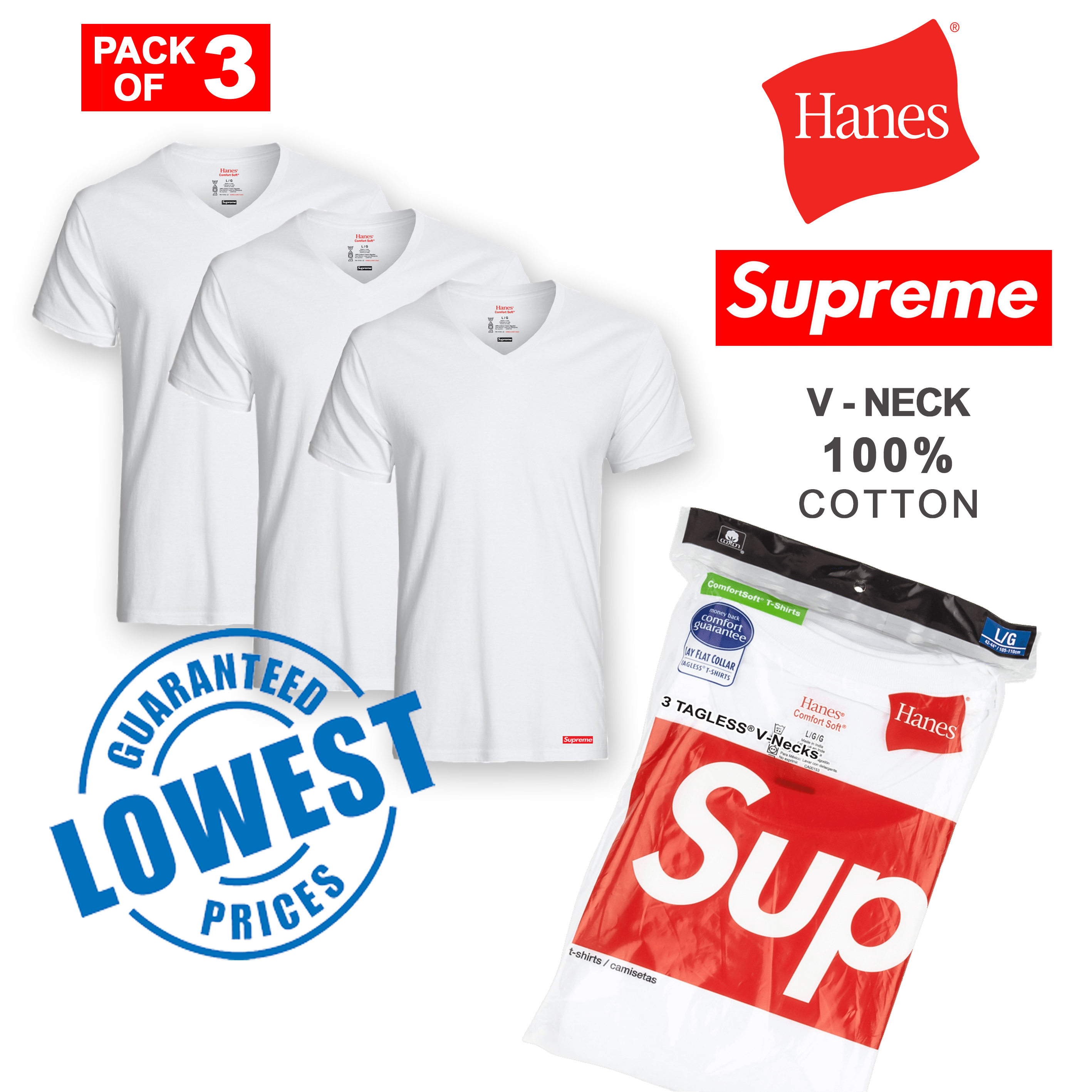 3pcs Supreme Hanes Comfort White V-Neck T-Shirts UNISEX