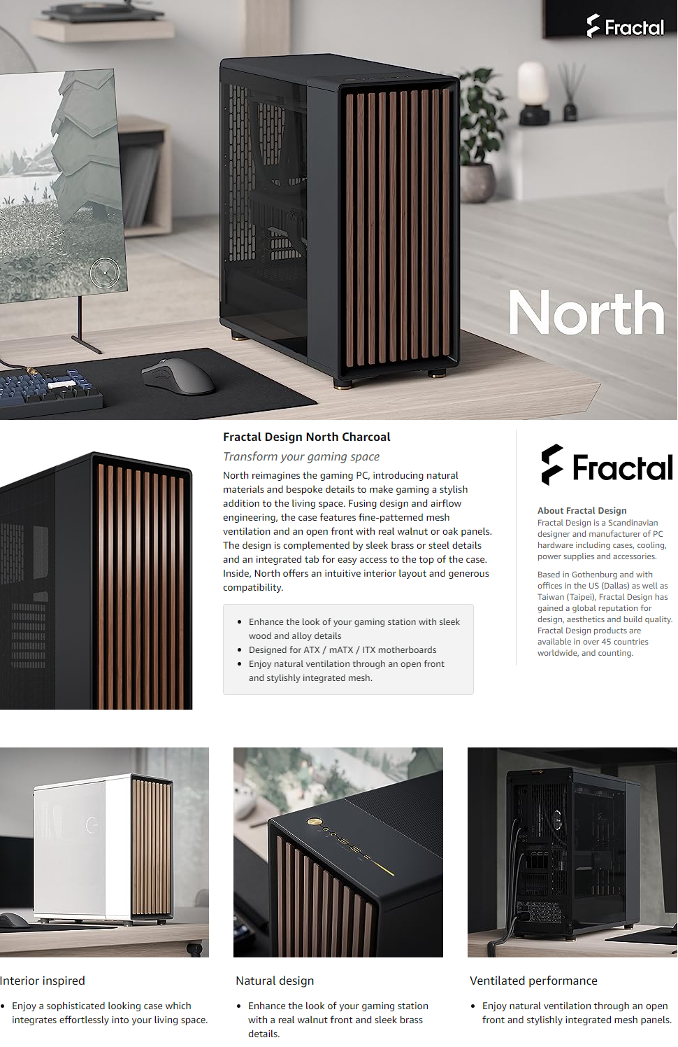 Fractal Design North Charcoal Black Tempered Glass Dark - Genuine Walnut  Wood Front - Glass Side Panel - Two 140mm Aspect PWM Fans Included - Type C