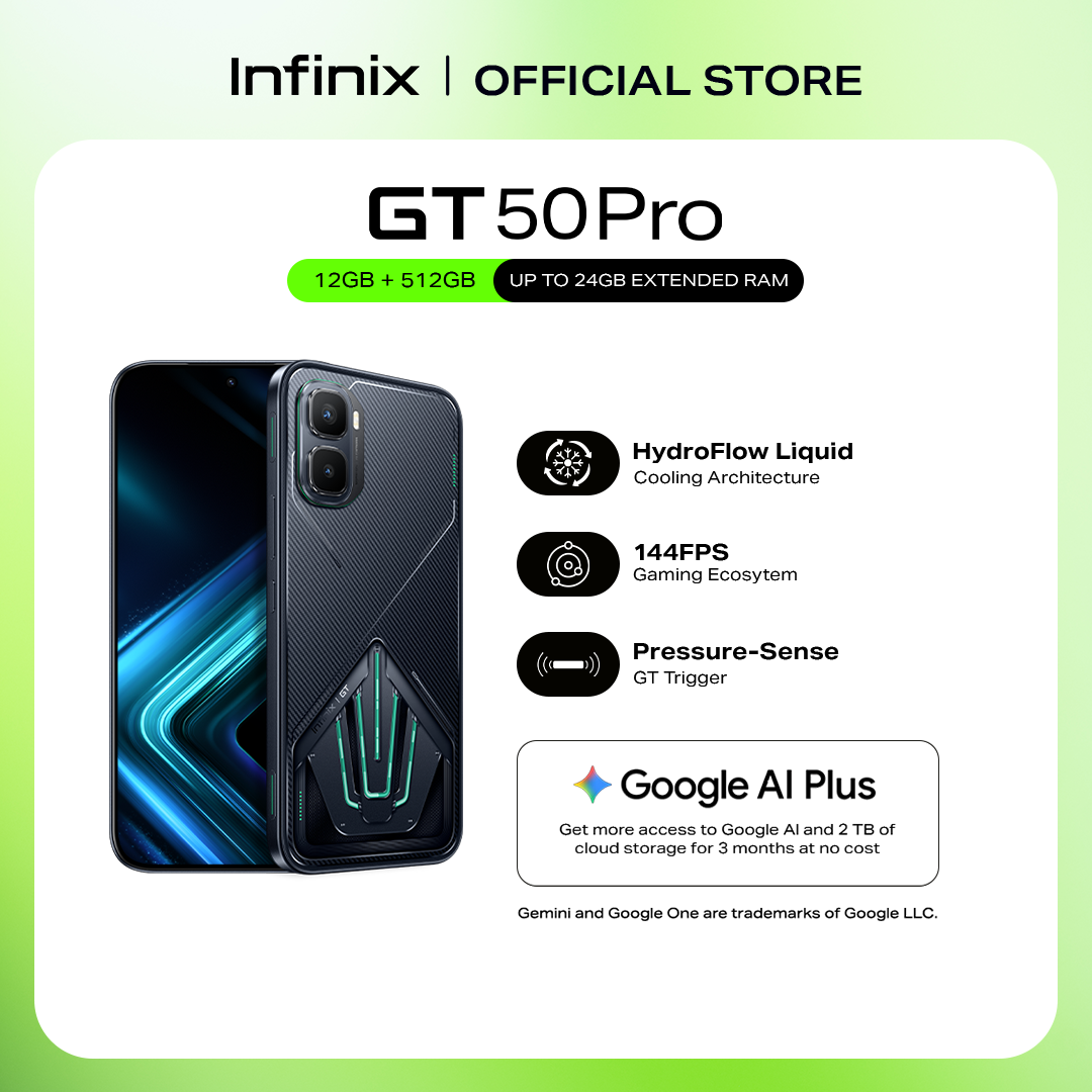 Infinix GT 50 Pro 5G, (up to 24GB [12+512] HydroFlow Liquid Cooling / 144FPS Gaming Ecosystem High Frame Rate Certified / Pressure-Sense GT Trigger / Self Developed N1 Network Chip / (1 Year Local Warranty) Smart Phone