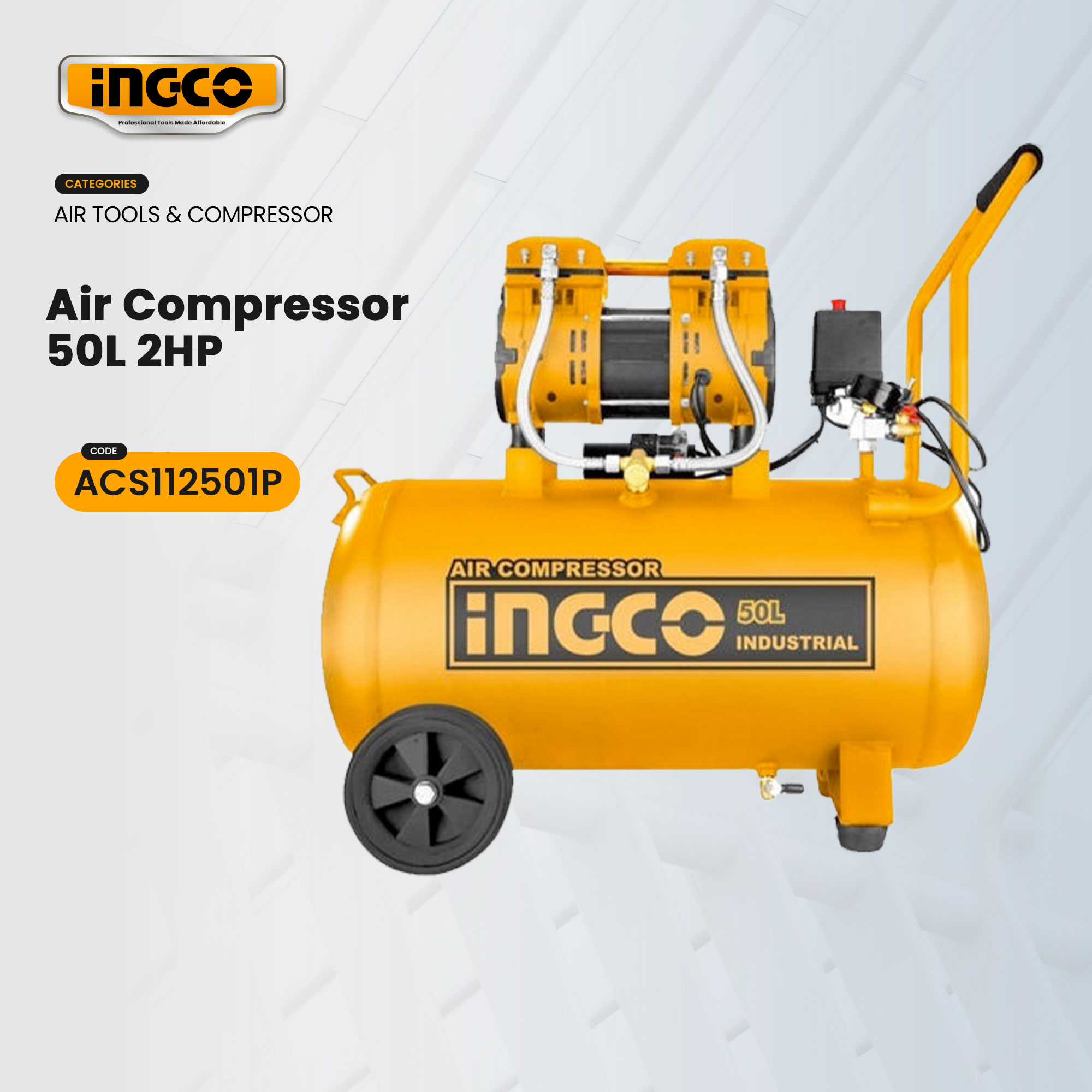Ingco 50L Industrial Air Compressor with Oil Free System