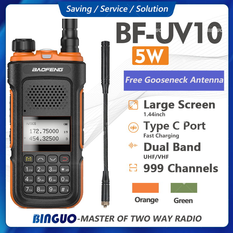 Baofeng UV-10 Portable Walkie Talkie Dual Band 5W High Power Type-C Fast Charging 1500mAh Two Way Radio 999 Channels 1.44” Large Screen Free Gooseneck Antenna Presyo 1,597 Piso*Libreng Shipping
