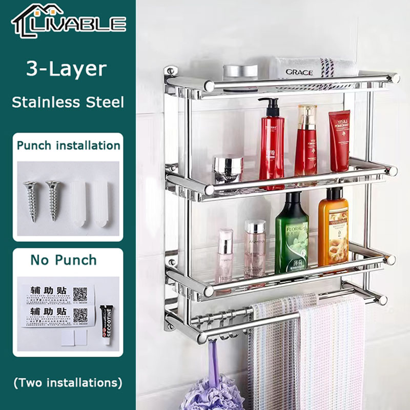 LIVABLE Bathroom Rack Stainless Steel Towel Rack Wall Mounted Space Storage Hanger Shelf Rack With Hooks Bath Towel Rack - Image 3