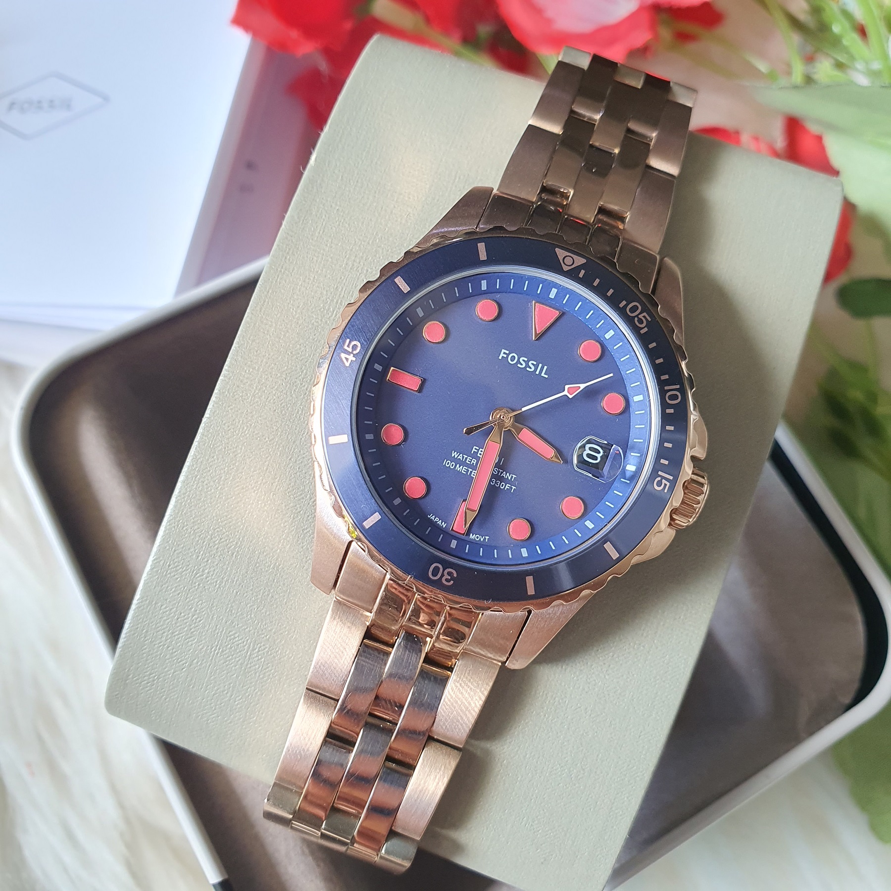 Original Fossil BQ3597 Blue Dial Rose 
