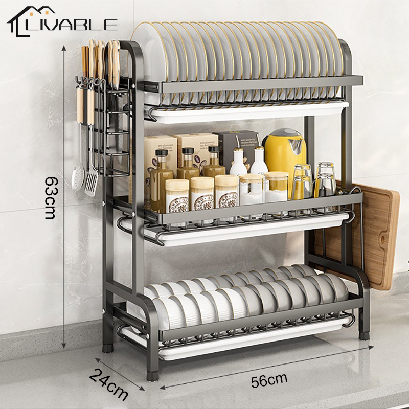 LIVABLE Kitchen Dish Rack Drainer With Tray Utensil Holder Dish Organizer Storage Steel Plate Rack Organizer - Image 2