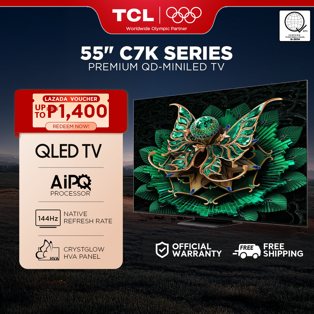TCL 55 Inch C7K Premium QD-MiniLED TV - Precise Dimming Series, HDR 3000nits, 144Hz Navite Refresh Rate, BANG & OLUFSEN Audio, CrystGlow HVA Panel, AiPQ Pro Processor, Ultra Slim Design Presyo 49,490 Piso*Libreng Shipping