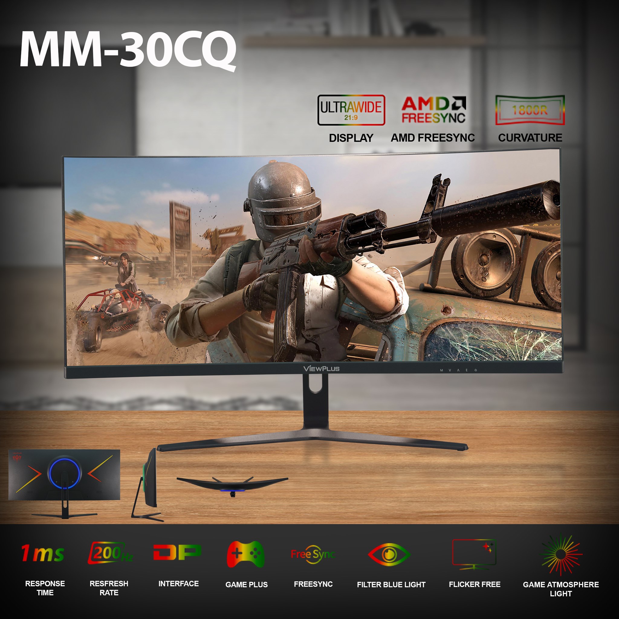ViewPlus MM-30CQ 30" VA 200hz 21:9 1ms Curved Ultrawide Gaming Monitor 2560x1080 DP HDMI w/ RGB 1800R Curvature Edge LED Backlight, 30 Inches Gaming Monitor, Gsync Compatible, AMD Freesync