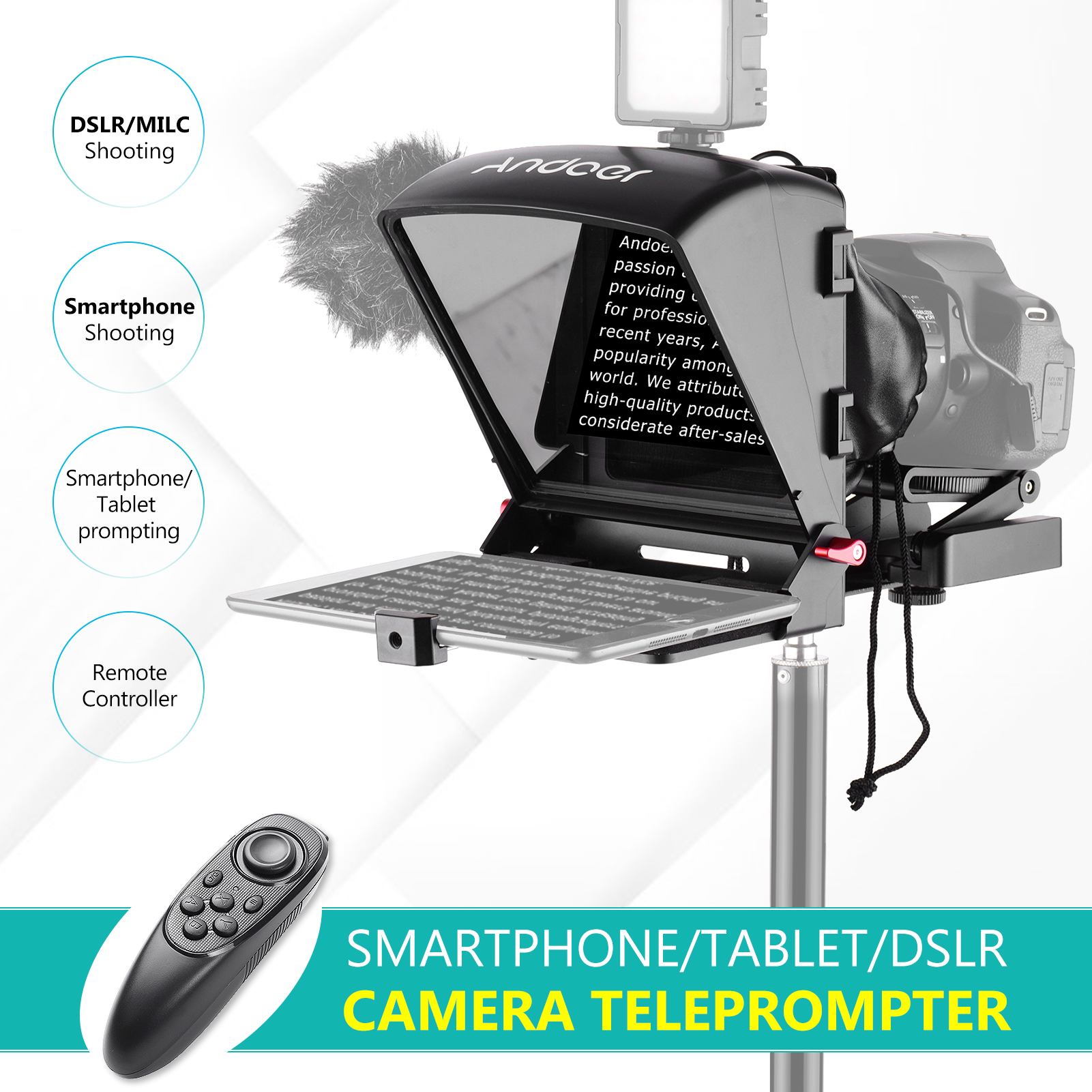 Andoer Teleprompter for Portable Smartphone Prompter with Phone Holder Adapter Remote Control for Video Recording Live Streaming Interview Presentation Stage Speech 