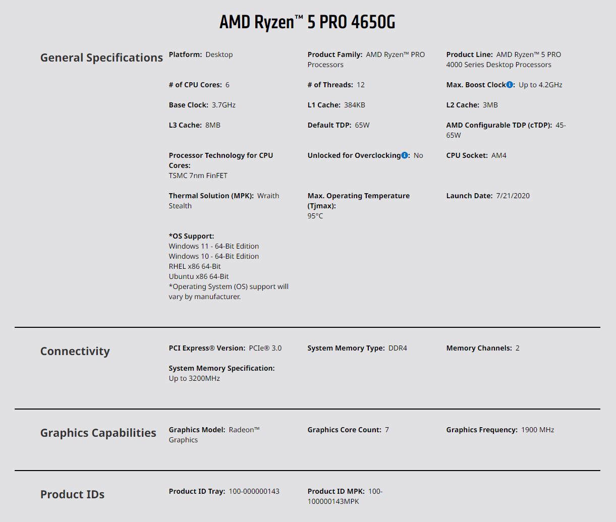 AMD Ryzen 5 PRO 4650G Processor 7nm 3.7Ghz 6 cores 12 Threads Processor only (Tray Type / MPK) w/ Heatsink and Fan