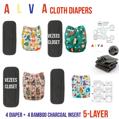 Alva Cloth Diaper with Bamboo Charcoal Insert Bundle of 4 (1)