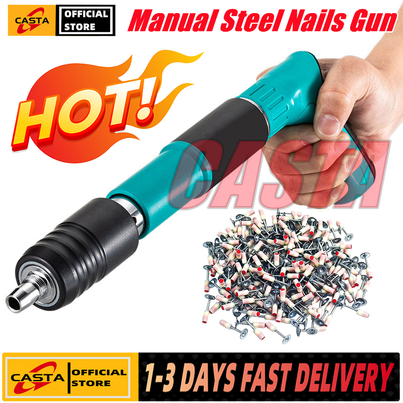 Nail Gun Power Tool Cordless Manual Steel Nail Gun Rivet Concrete Nail Gun Tacker Concrete For Wood Wall Anchor Wire Fastening Pipe Clamp Round Cap Household Fastener Electric Heavy Duty Set