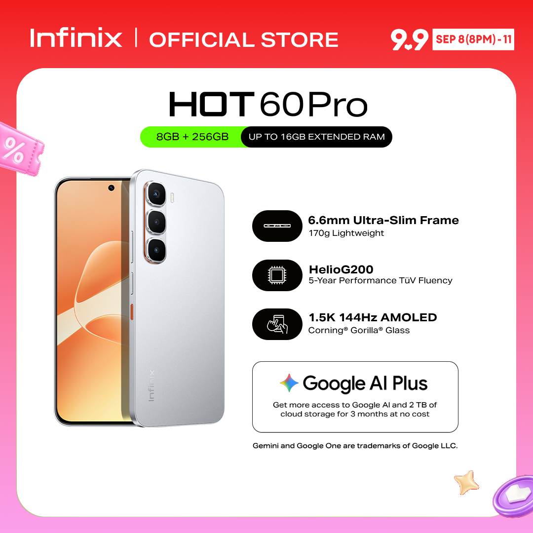 Infinix HOT 60 Pro, (up to 16GB [8GB + 256GB] / 6.6mm Ultra-Slim Frame / 170g Lightweight / Helio G200 / 5 Year Performance TUV Fluency / 144Hz AMOLED / Corning Gorilla Glass / 5160 mAh 45w Battery (1 year local warranty) Smart Phone