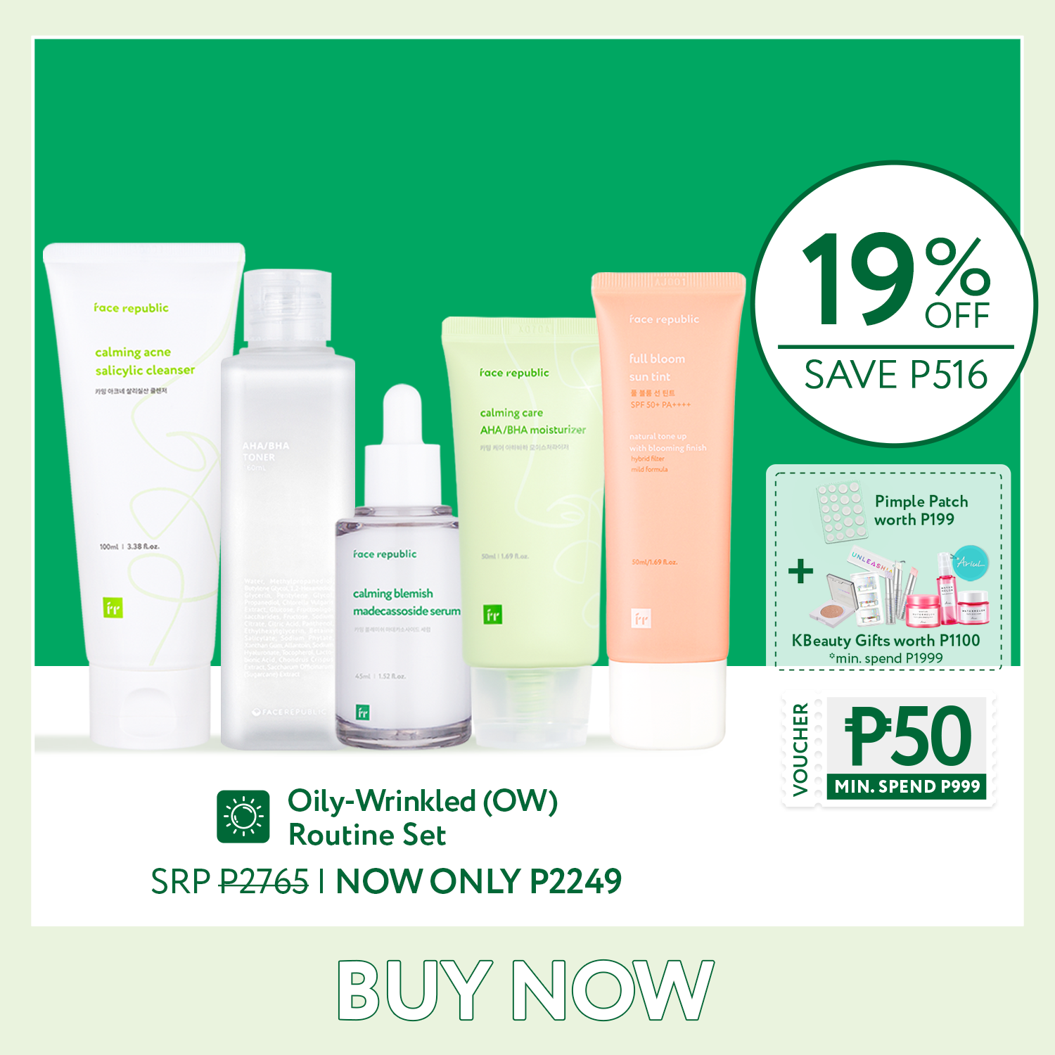 Face Republic Oily Wrinkled (OW) Routine Set [Acne, Pimples, Anti Aging]