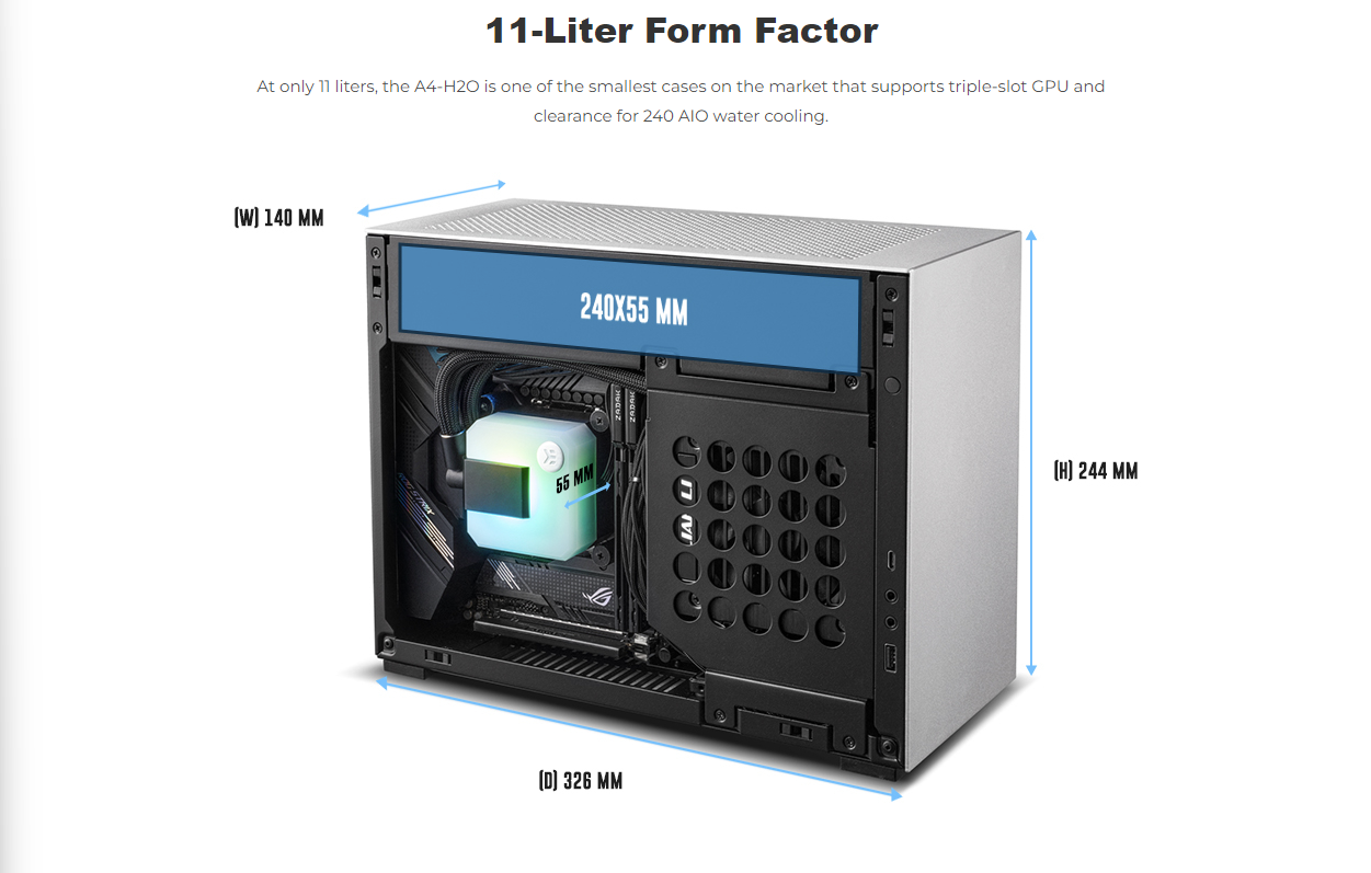 Lian Li A4-H2O Anodized Black PCIe Gen4 small form factor PC desktop case, SFX, SFX-L PSU support - A4-H20 X4 (A4-H20X4) - Black