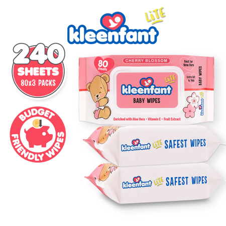 Kleenfant Lite Cherry Blossom Baby Wipes, 3 Packs